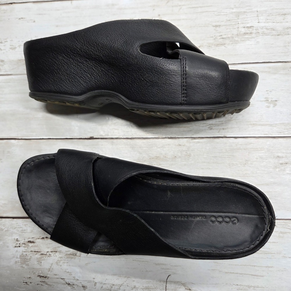 ECCO Danish Design Platform Slide Sandals Women 5-5.5 Black Leather Wedge